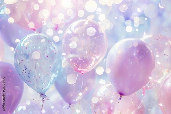 Fototapeta Dreamy Pastel Birthday Background with Translucent Balloons and Scattered Confetti - Perfect for Party Invitations