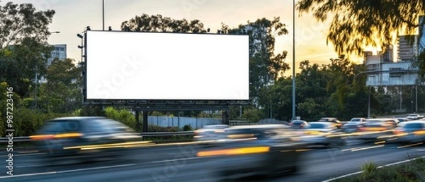 Fototapeta Blank advertising mockup on a highway billboard with cars speeding past creating a dynamic setting for large-scale advertisements