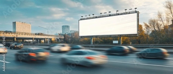 Fototapeta Blank advertising mockup on a highway billboard with cars speeding past creating a dynamic setting for large-scale advertisements