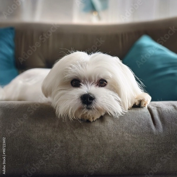 Fototapeta Maltese dog resting on the sofa, AI generated