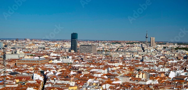Fototapeta Skyline of Madrid towards the East seen from the roof of the España building