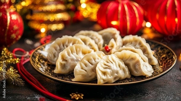 Fototapeta A plate of Chinese dumplings (Jiaozi) with chopsticks, surrounded by festive Chinese New Year decorations and red lanterns, perfect for banners or posters.