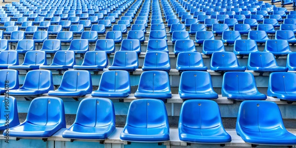 Fototapeta Empty blue plastic stadium seats , empty, blue, plastic, stadium, seats, rows, event, audience, sports, arena, chairs, seating