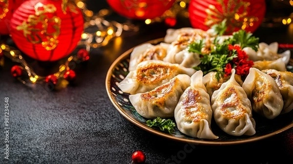 Fototapeta A plate of Chinese dumplings (Jiaozi) with chopsticks, surrounded by festive Chinese New Year decorations and red lanterns, perfect for banners or posters.