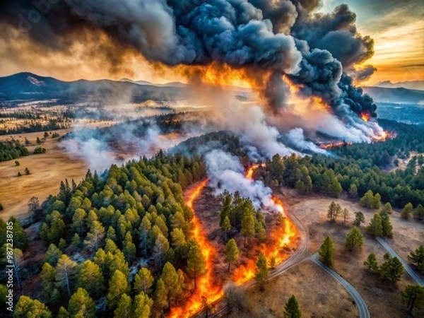 Fototapeta Inferno's aftermath revealed, desolate landscape sprawls before, ravaged trees reduced to scraps of charcoal, embers