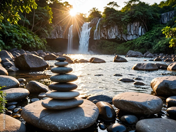 Fototapeta Stack of zen stones podium in greenery forest. Beautiful Balance pebble stone scenery background. Generative AI