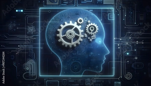 Fototapeta Creative head outline and cogs ai hologram on dark blue tech background with mock up place. Artificial intelligence and machine learning concept. 3D Rendering
