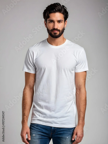 Fototapeta Man wearing white t-shirt isolated on a perfect background, closeup. Mockup for design. Generative AI