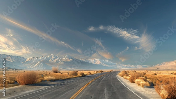 Obraz Empty Road Leading to Mountains and Blue Sky
