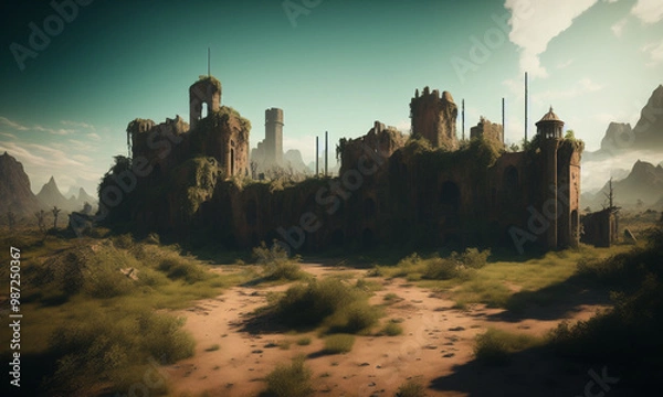 Fototapeta Post apocalypse castle landscape  Generative AI