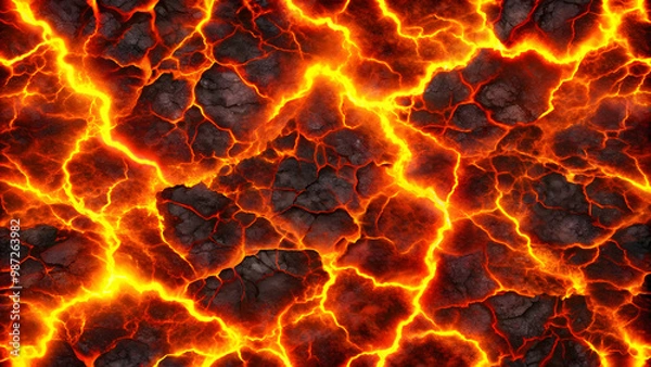 Fototapeta Seamless lava texture background with flowing magma and volcanic cracks, lava, texture, fire, rock, volcano, magma, molten, hot, flow
