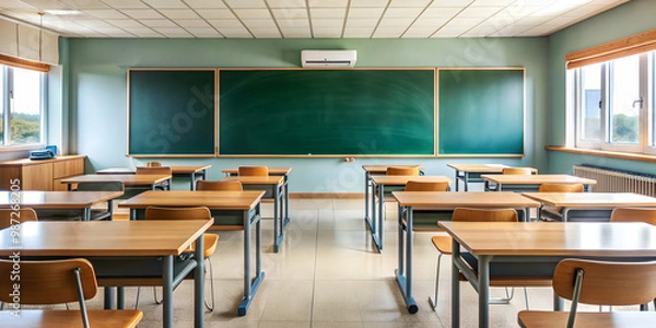 Fototapeta Classroom with chalkboard in a school setting, education, back to school, university, college, students, classroom