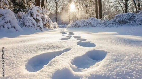 Fototapeta A path of footprints leads through a snowy forest with sunlight shining through the trees.