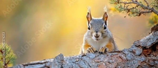 Fototapeta  A tight shot of a squirrel on a tree branch gazing at the camera, surrounded by a hazy backdrop of a pine tree