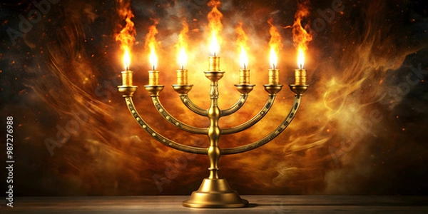 Fototapeta Seven-armed golden menorah candlestick in a tabernacle sanctuary with fire and flame effects, Seven arms, golden