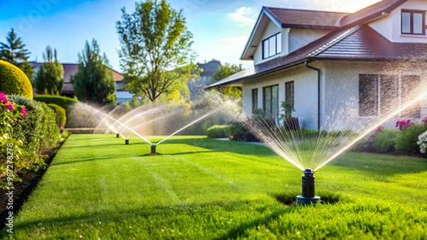Fototapeta Lawn irrigation system with sprinklers in a private house yard, irrigation, system, lawn, water, sprinklers, technology