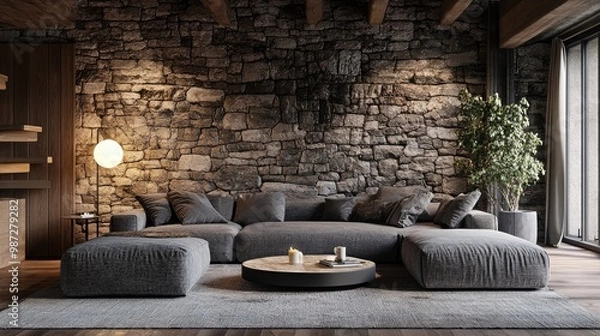 Fototapeta Rustic interior design of modern living room with grey sofas