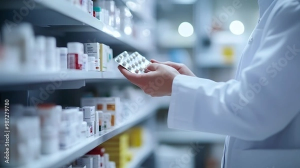 Fototapeta The photo shows the hand of an employee in a white medical uniform holding and examining medicine on shelves, which are located next to them