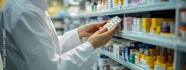 Fototapeta The photo shows the hand of an employee in a white medical uniform holding and examining medicine on shelves, which are located next to them