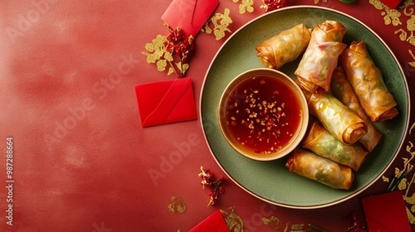 Fototapeta Spring rolls (Chun Juan) served with dipping sauce, surrounded by red envelopes and gold accents, perfect for festive Chinese New Year celebrations.
