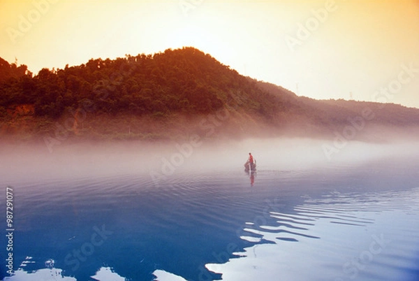 Fototapeta Fog scenery of Xiaodongjiang River in Chenzhou City, Hunan Province, China