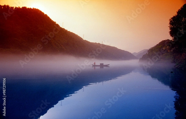 Fototapeta Fog scenery of Xiaodongjiang River in Chenzhou City, Hunan Province, China
