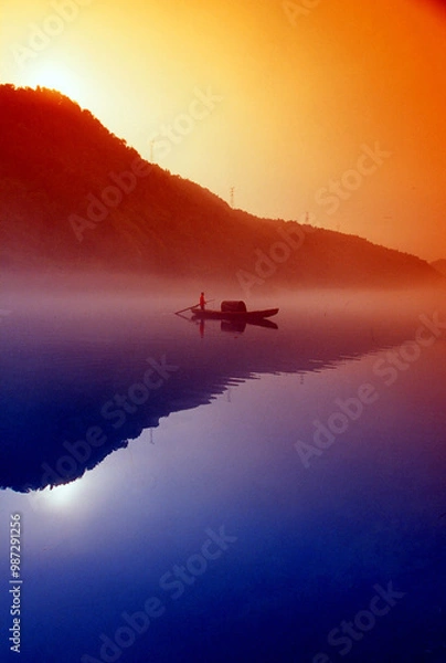 Fototapeta Fog scenery of Xiaodongjiang River in Chenzhou City, Hunan Province, China