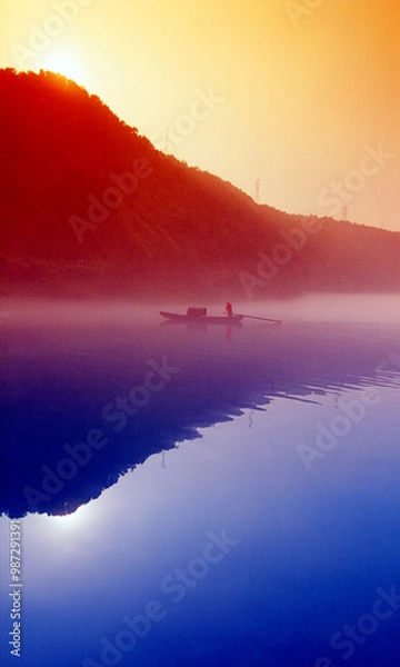 Fototapeta Fog scenery of Xiaodongjiang River in Chenzhou City, Hunan Province, China