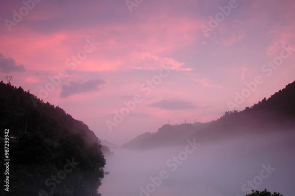 Fototapeta Fog scenery of Xiaodongjiang River in Chenzhou City, Hunan Province, China