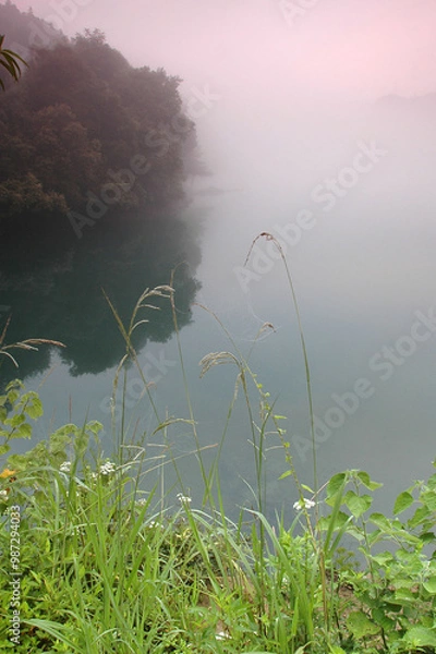 Fototapeta Fog scenery of Xiaodongjiang River in Chenzhou City, Hunan Province, China