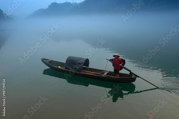 Fototapeta Fog scenery of Xiaodongjiang River in Chenzhou City, Hunan Province, China