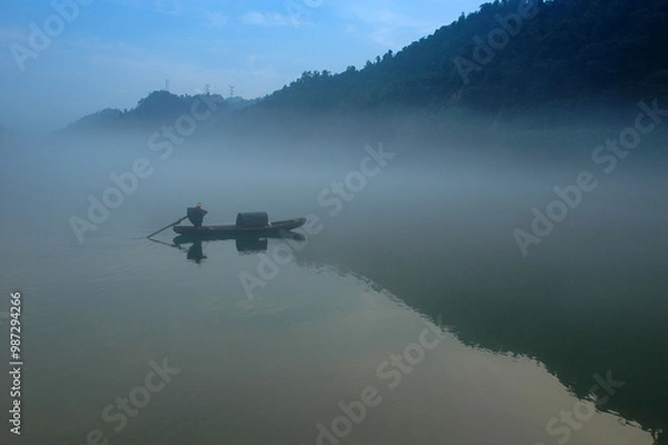 Fototapeta Fog scenery of Xiaodongjiang River in Chenzhou City, Hunan Province, China