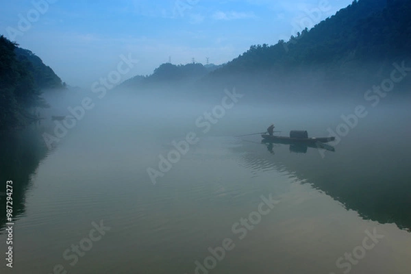 Fototapeta Fog scenery of Xiaodongjiang River in Chenzhou City, Hunan Province, China