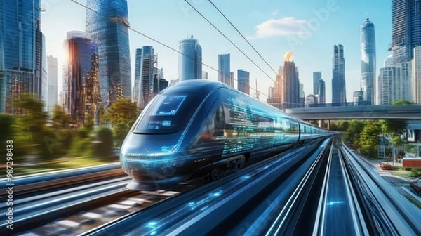 Obraz Futuristic high-speed train traveling through a modern cityscape.