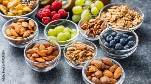 Fototapeta A collection of healthy snacks including nuts, seeds, and fresh fruits, providing a quick and nutritious option throughout the day