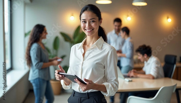 Fototapeta Smiling Professional Woman Using Tablet in Modern Open Office