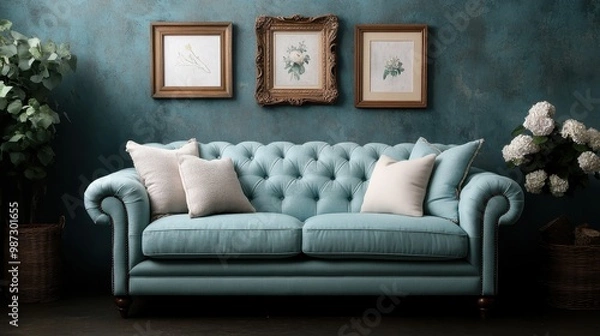 Fototapeta A luxurious teal sofa adorned with plush cushions and surrounded by elegant decor, framed art pieces, creating a sophisticated and cozy living room setting.