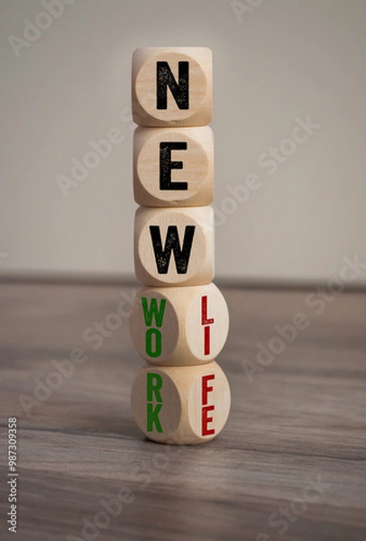 Obraz Cubes, dice or blocks on wooden background with word New life and new work