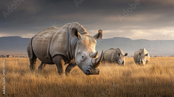 Fototapeta Majestic white rhino standing in the African savannah with dramatic clouds and mountains in the background

