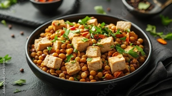 Fototapeta A plant-based protein meal featuring lentils, chickpeas, and tofu, perfect for those seeking protein alternatives without meat