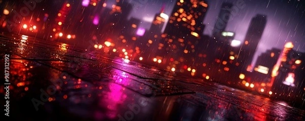 Fototapeta Vibrant city lights reflecting on wet pavement at night, creating a moody atmosphere.