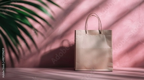 Fototapeta A brown paper bag placed against a pink wall with a sunny shadow of palm leaves, creating a stylish and tropical vibe, great for branding, marketing, or lifestyle designs.