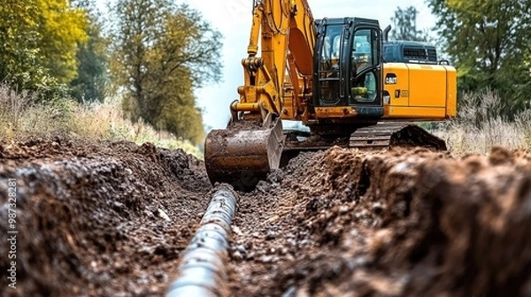 Fototapeta A construction site with an excavator digging a trench for piping installation.