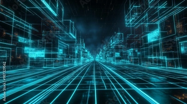 Fototapeta Futuristic digital cityscape with neon blue lights and grid lines, representing technology, data, and cyberspace.