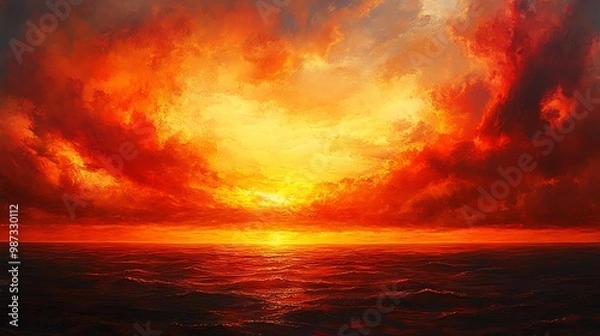 Fototapeta Stunning sunset over the ocean, with vibrant orange and red clouds illuminating the horizon, creating a serene and picturesque seascape.