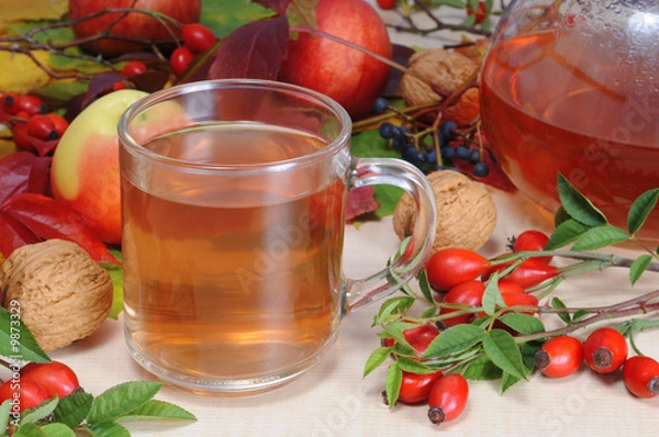 Obraz Cup of rose hip tea with fresh briars and autumn decoration