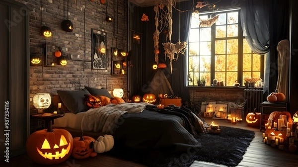 Fototapeta A bedroom decorated for Halloween with a bed, pumpkins, candles, and a window with a view of autumn leaves.