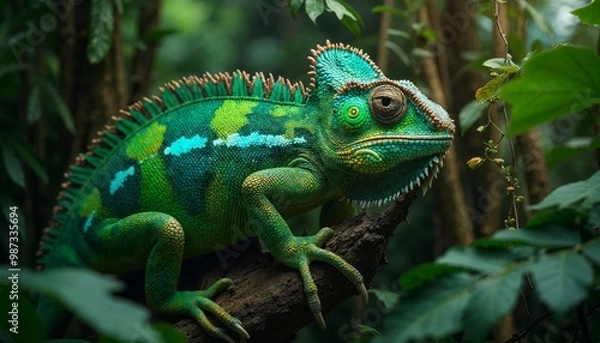 Fototapeta Close up of a green chameleon on a branch in rainforest setting. Wildlife, tropical reptile, chameleon colors