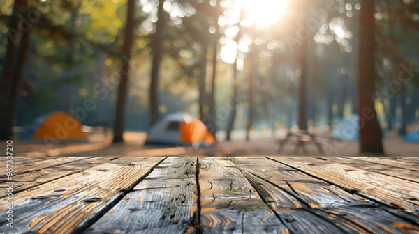 Fototapeta Wooden planks in foreground, blurred campsite with tents and picnic tables.