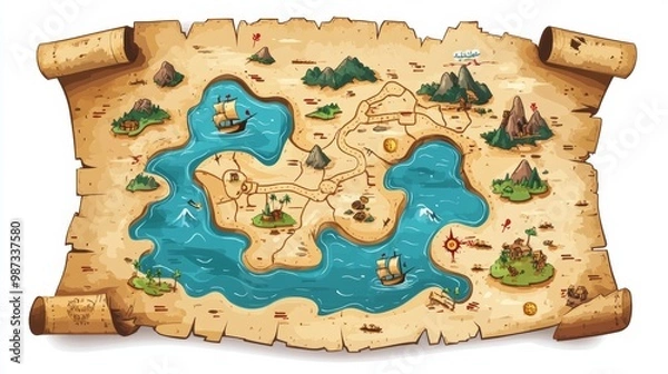 Obraz A detailed pirate treasure map with ships, islands, and a compass.